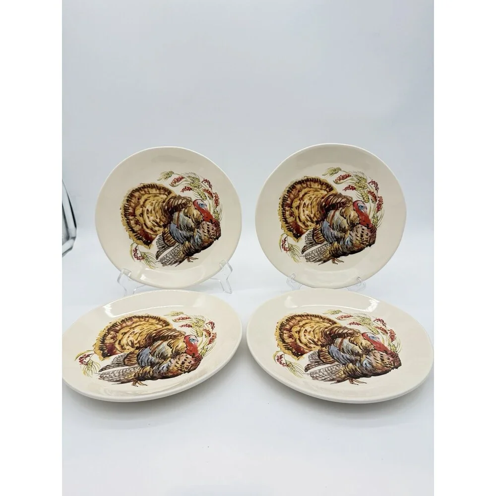 Pottery Barn Watercolor Turkey Salad Dessert Plates Set Of 4 Thanksgiving 8”